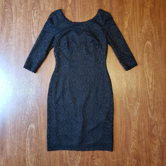 Eliza J Sheath Floral Lace Black Dress Scalloped 3/4 Long Sleeve 2